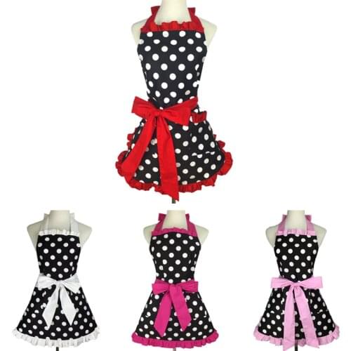 Cute Apron Retro Black Polka Dot Retro Ruffle Side Vintage Cooking Aprons with Pockets for Women Girls