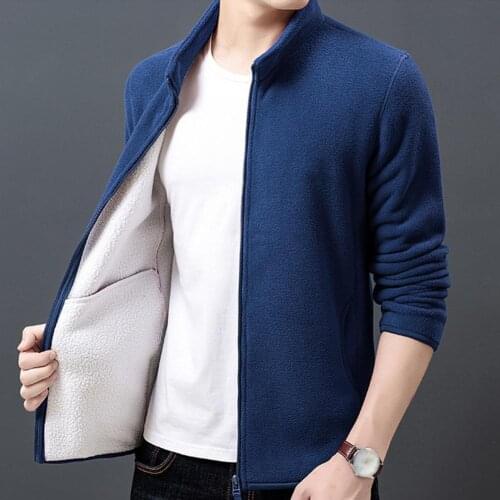 Coat Men Autumn Winter Stand Collar Long Sleeve Coat Plush Warm Zip Jacket Outerwear