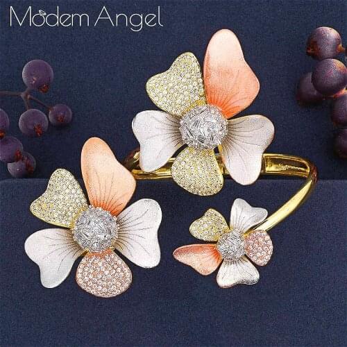 ModemAngel Luxury Flower 2Pc Bangle Ring Sets Cubic Zircon jewelry Sets for women Wedding Tricolor African Dubai Bridal Jewelry