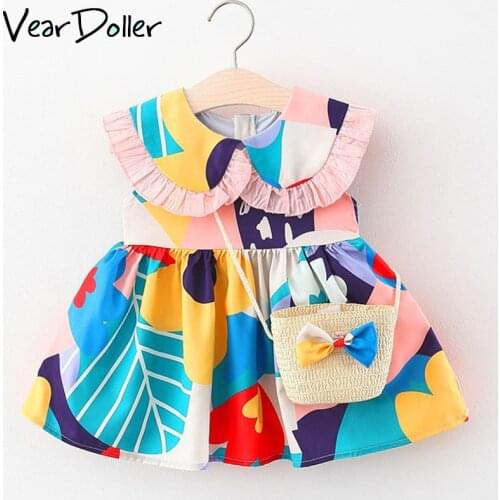 VearDoller Girls Casual Dresses Sleeveless Graffiti Kids Dresses for Girls Bamboo Basket Bag with Bow Tie Ruffles Girls Dress