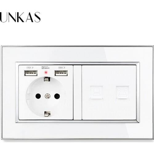 UNKAS Luxury Mirror Acrylic Panel 16A EU Standard Socket Dual USB Charge Port + RJ11 Telephone Female RJ45 Computer Jack Outlet