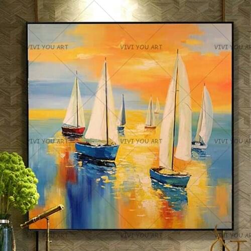 Hand-painted Modern Abstract Landscape Boats Sunset Oil Painting on Canvas Handmade Seascape Wall Art Sailing Sea Wall Decor