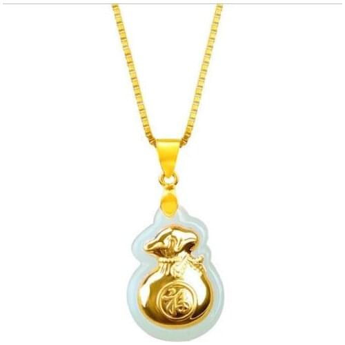 Certified Pure Golds Inlaid With Natural Hetian Jades Pendant Lucky Bag