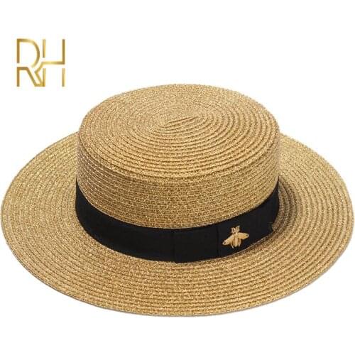 Ladies Sun Boater Flat Hats Small Bee Sequins Straw Hat Retro Gold Braided Hat Female Sunshade Shine Flat Cap RH