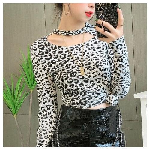 Spring Korean Ladies Sexy Gray Leopard Print Long-sleeved Tshirt Fashion Harajuku Top Women Slim Fit All-match Bottoming Shirt