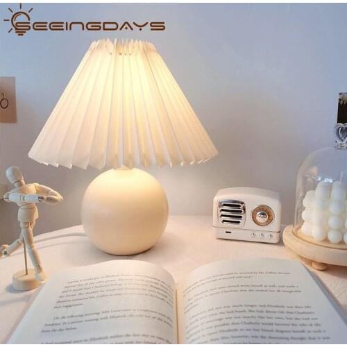 South Korea Simple Style Chinese Ball Ceramic Table Lamp for Bedroom Study Room Vintage Folds Lampshade Bedside Lamp Bed Lamp