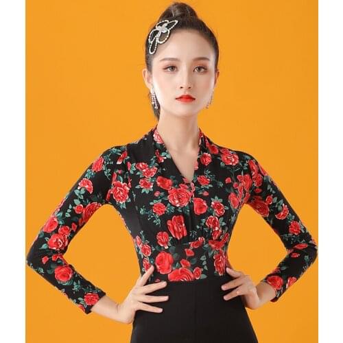 Latin Dance Clothes For Women Adult Long Sleeve Practice Shirt Ballroom Dance Tops Rumba Tango Samba Salsa Cha Cha Shirt DQL4985