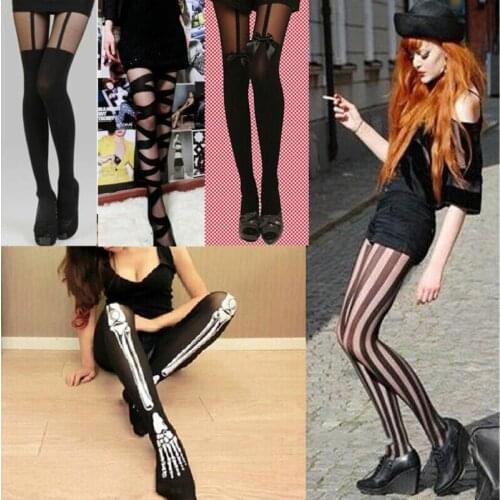 Women Black Mesh Pattern Cross Bow knot Striped Stockings Hosiery Tights Pantyhose Thin High Tights