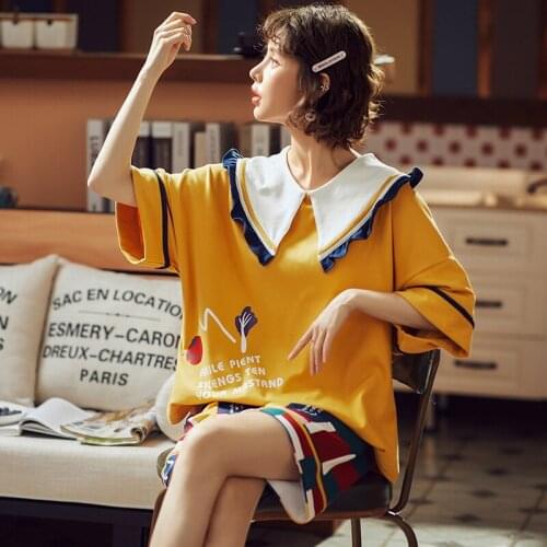 Yellow Graphic Tee Frilled Print Shorts Lapel Round Neck Short Sleeve Set 201920 Summer Women Patchwork Sleepwear Pijams Mujer