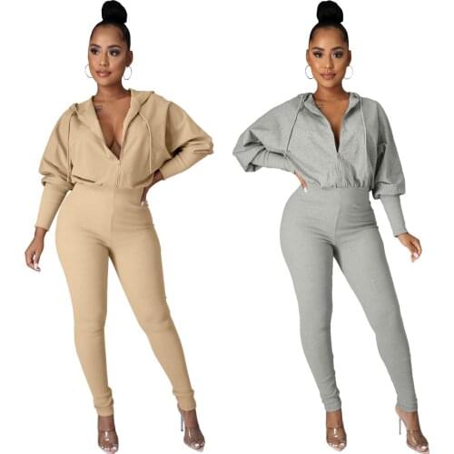 Khaki Gray Stretchy Bandage Jumpsuit for Women Hooded Drawstring Long Sleeve Fashion Streetwear Skinny Active Workout Outfits