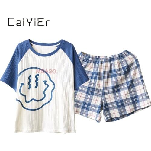 CAIYIER Summer Women Pajamas Set Cute Cartoon Print Sleepwear Short Sleeve Shorts Girl Nightwear Homewear Leisure Sexy Hot Pants