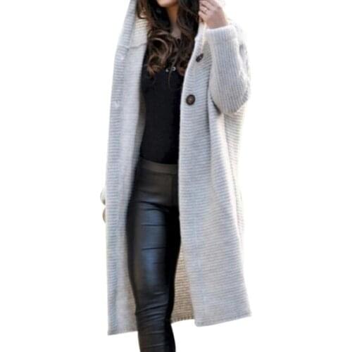 Chic Women Sweater Jacket 2021 Solid Color Long Sleeve Hooded Knitted Sweater Cardigan Coat Outwear Jumper Loose Long Sweater