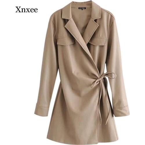Spring and Autumn Womens Fashion Chic Faux Leather Wrap Mini Dress Retro Long Sleeve Drawstring Necktie Waist Dress for Women