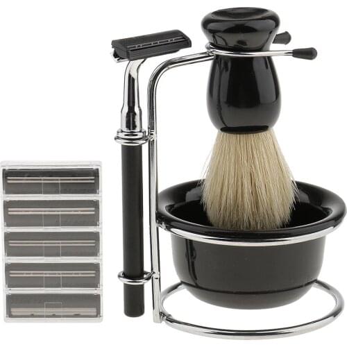 4in1 Black Shave Stand +Bristle Brush+ Bowl +Safety Travel Set for Men