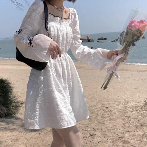HOUZHOU White Elegant Dress Women Kawaii Sweet Vintage Long Sleeve Dresses Mesh Preppy Style Square Collar Holiday Style Robe