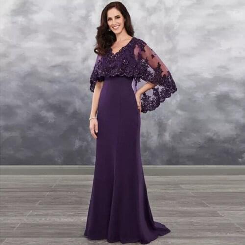 חתן ללבוש Purple Lace for Weddings with Capes Bridal Formal Godmother Groom Dinner Mother of the Bride Dresses