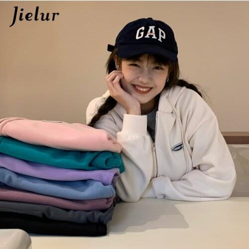 Jielur 8 Solid Colors Basic Hooded Womens Sweatshirt Velvet Thicken Zip-up Hoodies BF Fashion Vintage Pockets Streetwear S-L