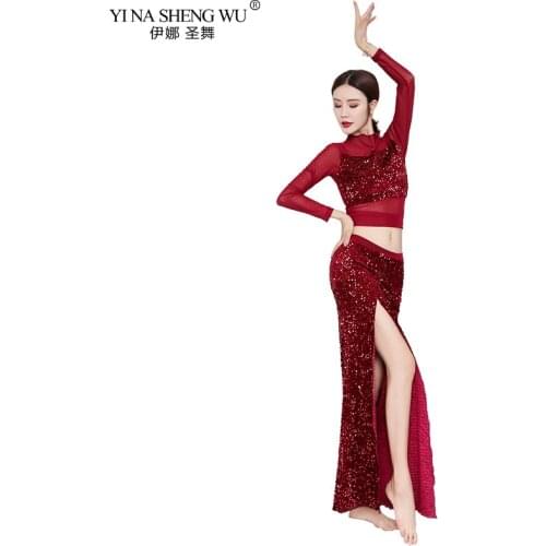 Sexy Women New Belly Dance Costume Sequin Set New Oriental Bellydance Competition Costume Top+Skirt 2pcs 3 Colors For Women