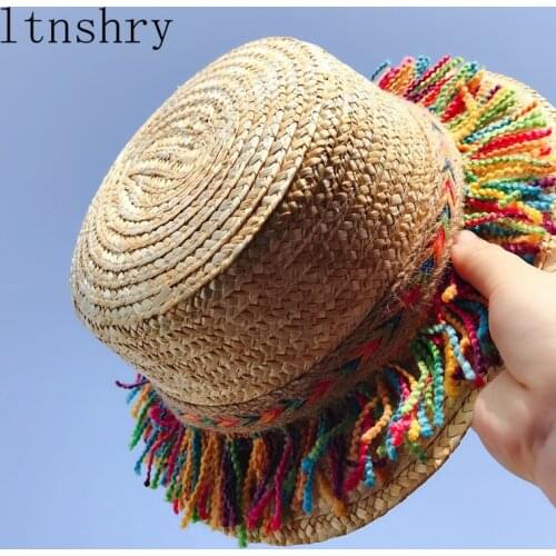 2018 Summer Parent-child sun hat Visor Tassel Beach Straw Hat Rainbow Children Outdoor Sun Caps Women Boho Ethnic Handmade Cap