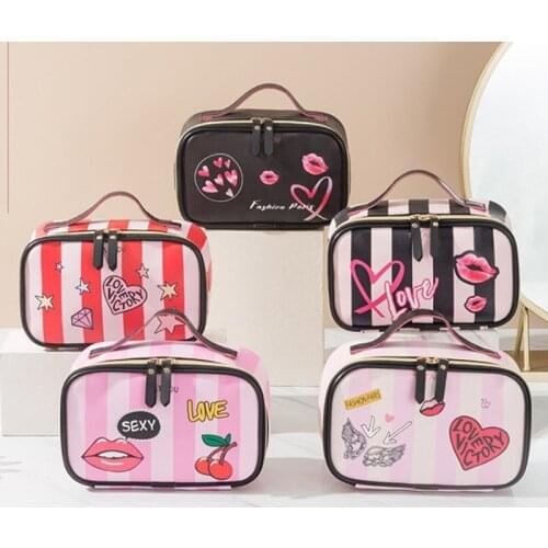 Fashion Leather Love Heart Portable Women Cosmetic Bag Multifunction Travel Storage Organize Portable Handbag Zipper Makeup Case