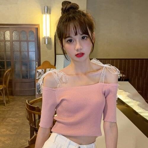 Solid Color Slash Neck Tee Lace Up Casual Womens Slim Exposed Navel Knitted Short Sleeve T-Shirt Tops