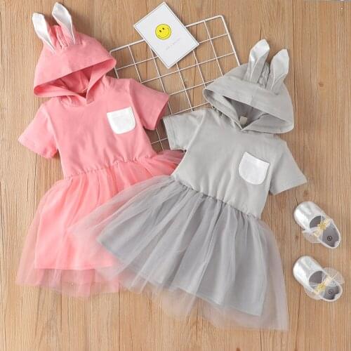 Breathable Little Girls Easter Dress Summer Children Lace Bunny Ear Mesh Splicing Short Sleeve Ball Gown Hoodie Casual Dresses
