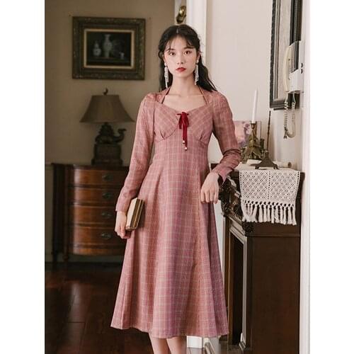 Summer New Womens Clothing Japanese Girls Square Collar Temperament Was Thin, Long-Sleeved Mid-Length Dress Retro Dress