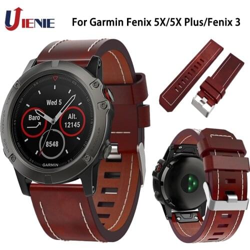 Leather Watchband Strap for Garmin Fenix 6X/5X/5X Plus/3/3HR Smart Watch Band 26mm Quick Fit Replace Wrist Bracelet for Fenix 5X