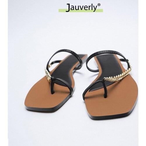 Luxury Brand Designer Chain Decorated Flat With Slippers 2021 Summer Hot New WomenS Sandals Fashion Black Square Toe Shoes