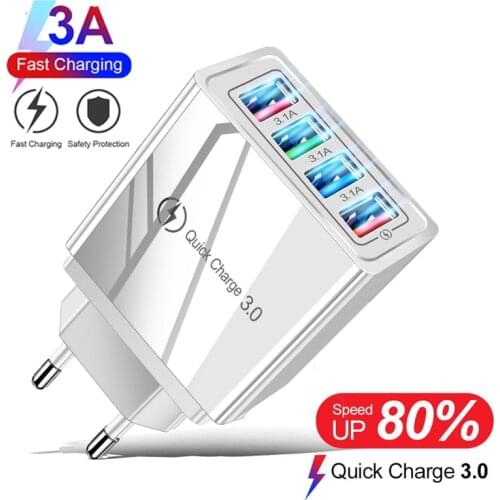 QC 3.0 4.0 USB Phone Charger 4 Port 5V 3.1A Fast Charging Wall Adapter For iPhone X 7 Xiaomi Poco X3 F3 F2 Pro 11 9 Lite Charger
