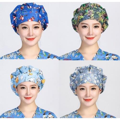 Bouffant Scrubs Hats Women Christmas Flower Printed Cotton Sweatband Cap Reuseable Head Cover Work Wear Breathable Scrub Caps