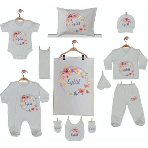 Hospital Output Set New Born Baby Girl set 11 Piece set 100 Cotton Production Custom Name lettering Custom Pouch Baby kit 2021 summer