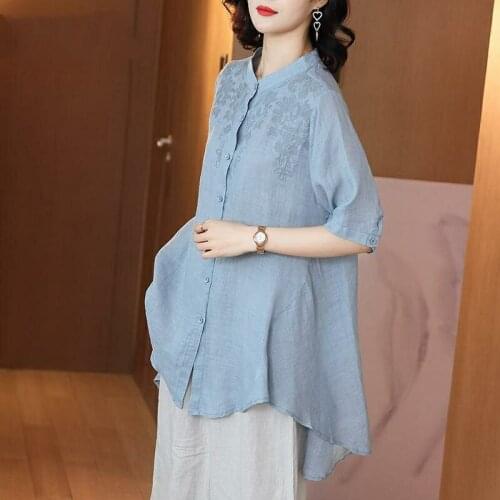 Womens Spring Summer Style Cotton Linen Blouses Shirts Womens Embroidery Solid Color Short Sleeve Korean Casual Tops SP704