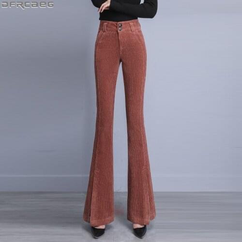 Fashion Korean Style Skinny Flare Pants Women Autumn and Winter Solid Corduroy Pants Femme High Waist Bodycon Ladies Trousers