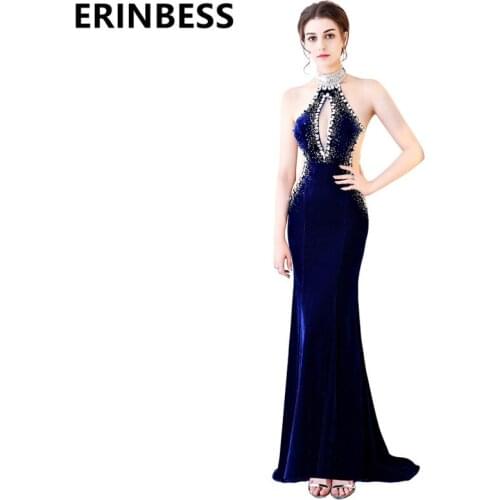 2019 Sexy Royal Blue Mermaid Evening Dresses High Neck Beaded Sequined Backless Open Breast Velvet Prom Party Gowns For Women