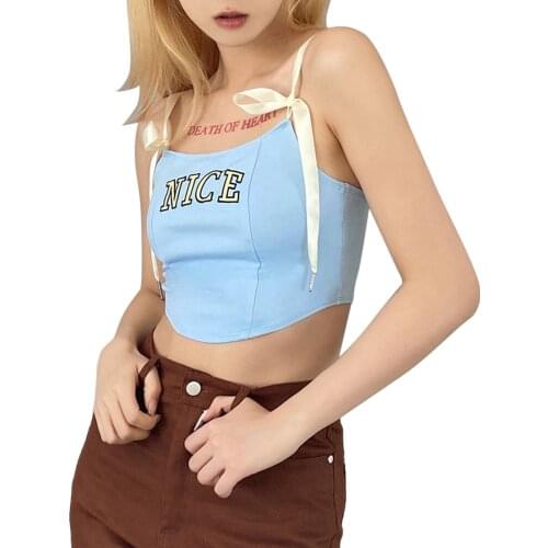 Womens Tops Sleeveless Lace Up Shoulder Strap Lettering Printed Vest Irregular Hem Camisole for Female Embroidered letter sling