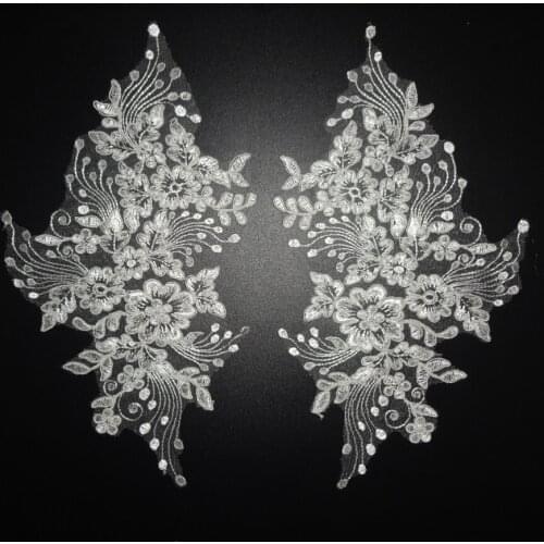 1Mirror Pair Ivory Embroidered lace Applique Fabric Wedding Dress Accessories DIY Sew Cloth lace Decorative patch 27.5X15cm L14
