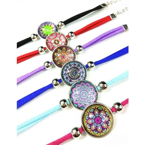24pcs (6 styles) Mandala Flower Bandanna Paisley hand chain Art Glass Round Dome Ancient silver Charm bracelet for girls Jewelry