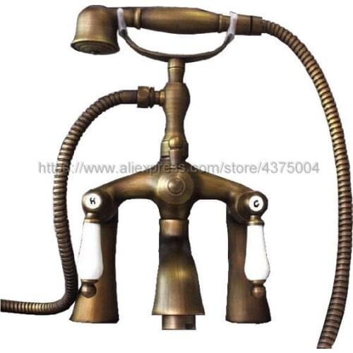 Antique Brass Bathroom Clawfoot Bath Tub Faucet Mixer Tap Ceramic Handle Hand Shower Head Ntf038