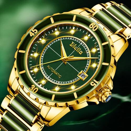 Natural Emerald Jade Men Full Automatic Mechanical Watches Sapphire Dial Switzerland Mens Wristwatches Calendar Luminous Hands