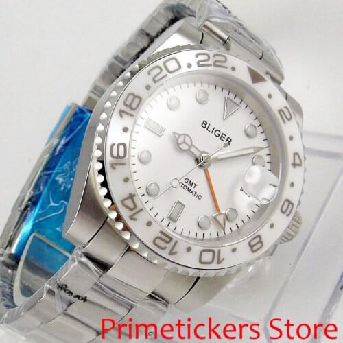 Orange GMT hands BLIGER 40mm white dial GMT sapphire glass automatic movement mens watch date