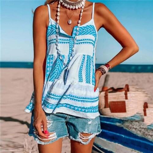 Summer Sexy Sling Women T Shirt Sleeveless Vintage Print Button Vest Tops Female Casual Holiday Oversized Beachwear Tee Shirts