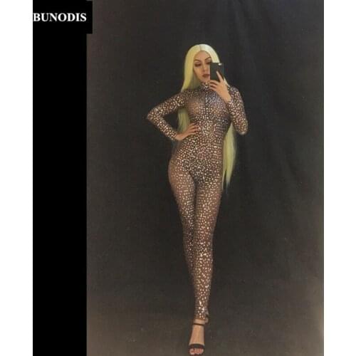 ZD132 Women Sexy Jumpsuit Full Of Sparkling Glass Diamonds Party Nightclub Bodysuit Stage Wear Costume Singer Dancer Clothing