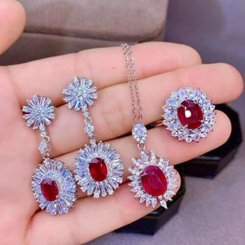 Fashion Heated Pigeon Blood Ruby Jewelry Sets for Women Party Necklace Earrings and Ring Fine Jewelry Real Red Gemstones