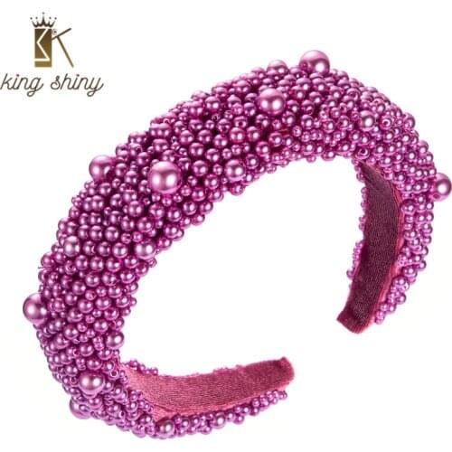 King Shiny Vintage Solid Color Imitation Pearl Headband Luxurious Hand Made Simulated Pearl Beaded Hairband Bridal Tiara Bezel