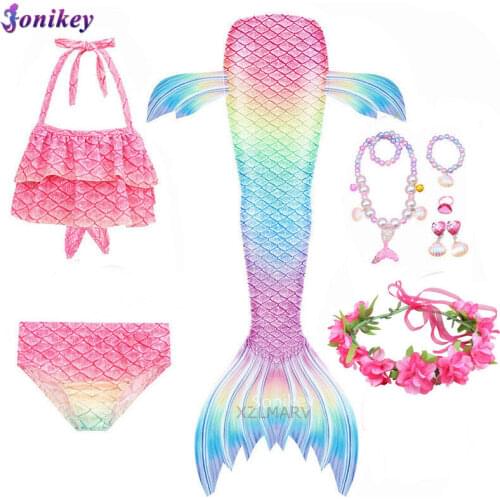Kids Girls Mermaid tail Swimming Mermaid Costume Cosplay Children Swimsuit Fantasy Beach Bikini can add Monofin Fin Halloween