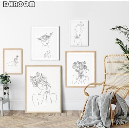 Line Drawing Wall Art Flower Head Poster and Prints Black White Line Abstract Art Canvas Painting Minimalist Painting Home Decor
