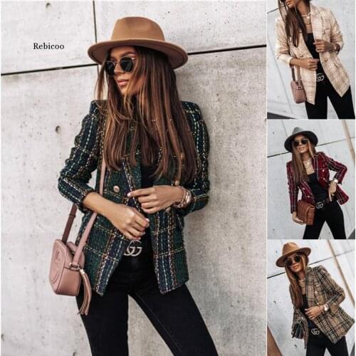 Autumn and Winter Long-Sleeved Women Plaid Button Fashion Jacket Slim Office Ol Professional Work Plus Size Casual Suit