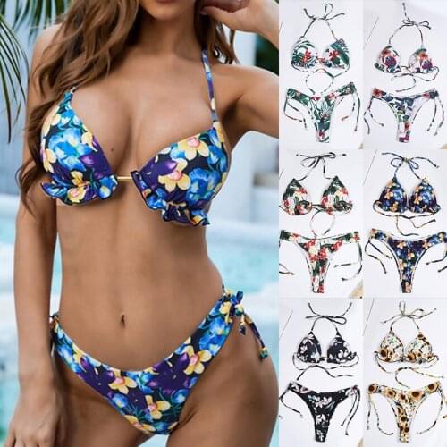 Print Sexy Bikini 2021 Swimwear Women Swimsuit Ruffle Bikinis Set Push Up Swimming Suit Lace Up Beachwear String Biquini Femme