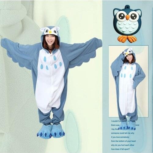 Polar Fleece Cute Owl Cartoon One-Piece Pajama Cute Animal Men and Women Lovers Pajamas Autumn and Winter Clothes